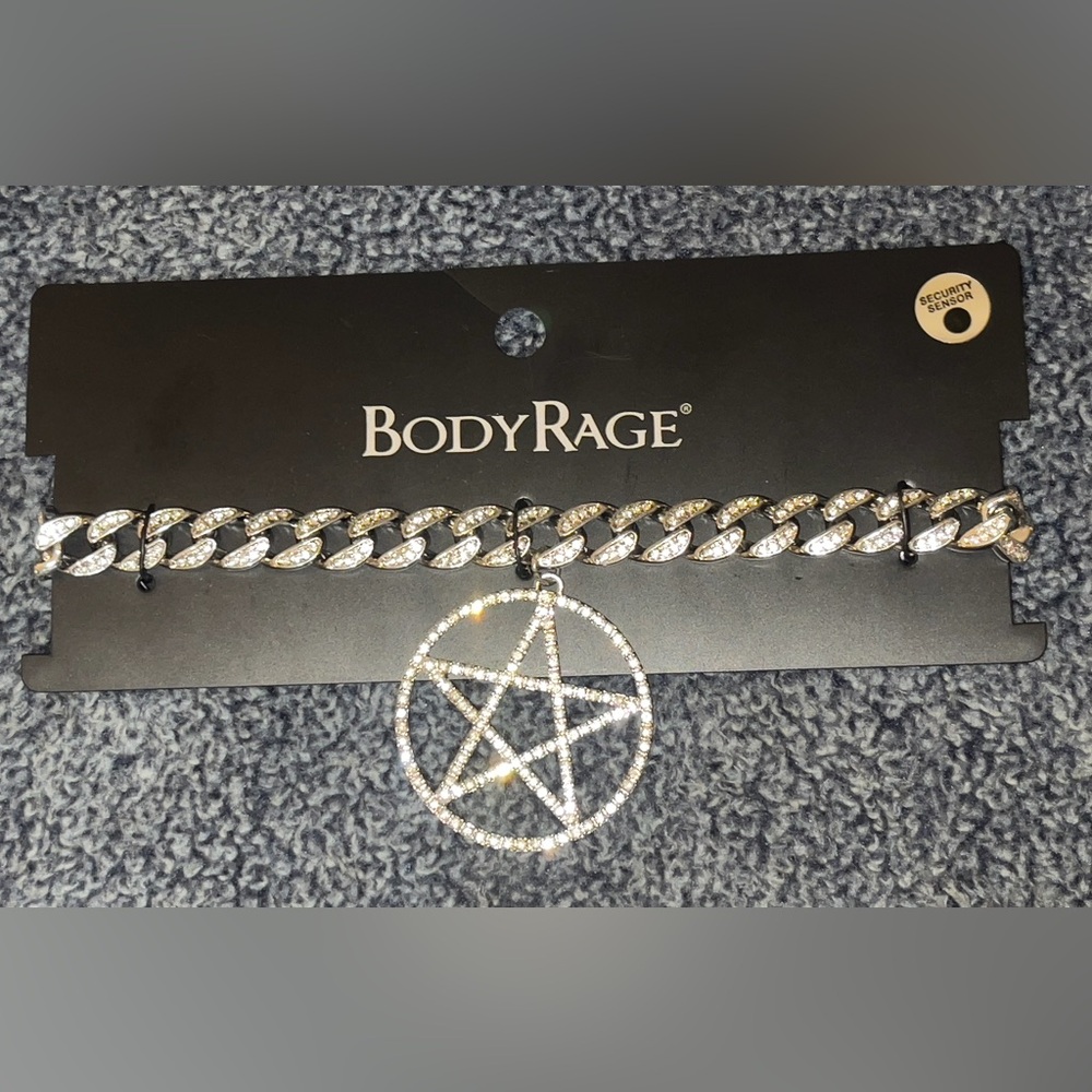 BodyRage Silver Rhinestone Choker Chain Necklace with Pentagram